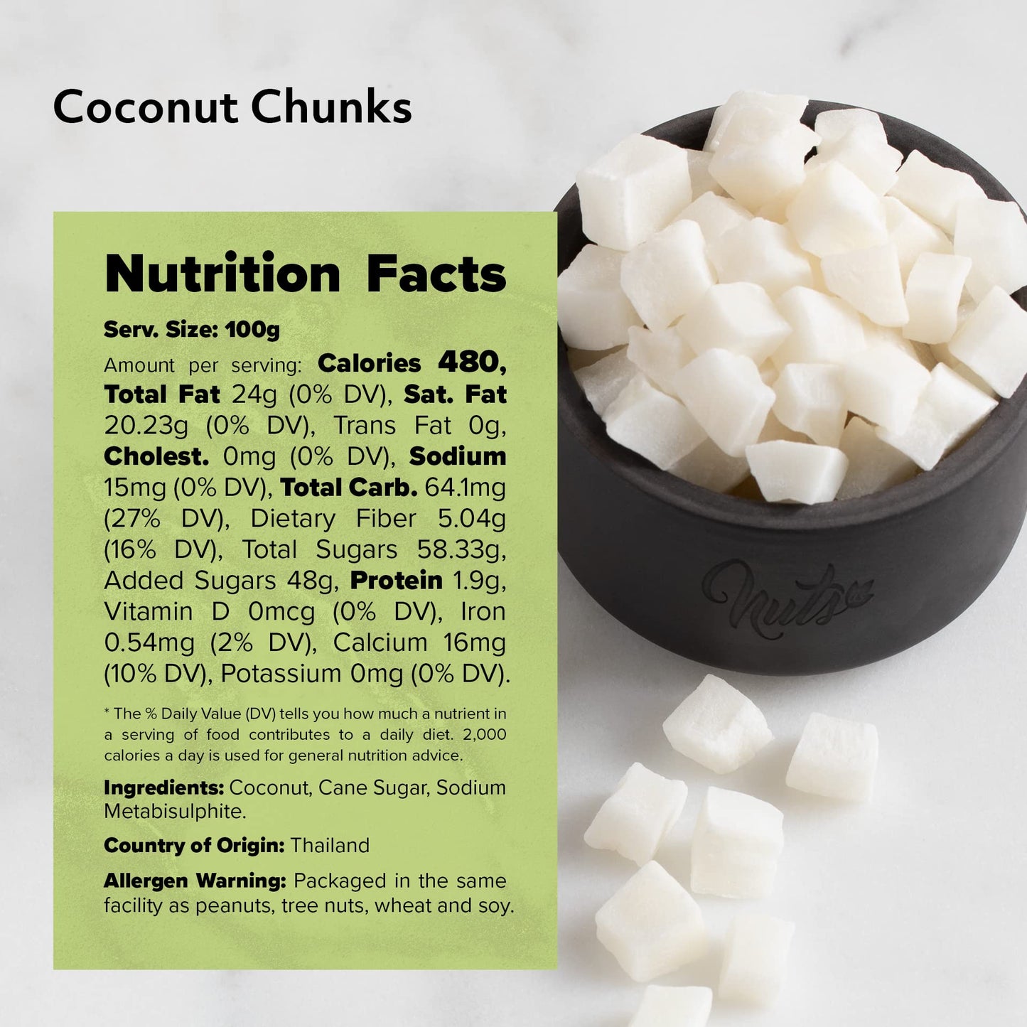 NUTS U.S. Coconut Chunks, Sweetened, No Artificial Colors or Flavors, 1 LB Resealable Bag