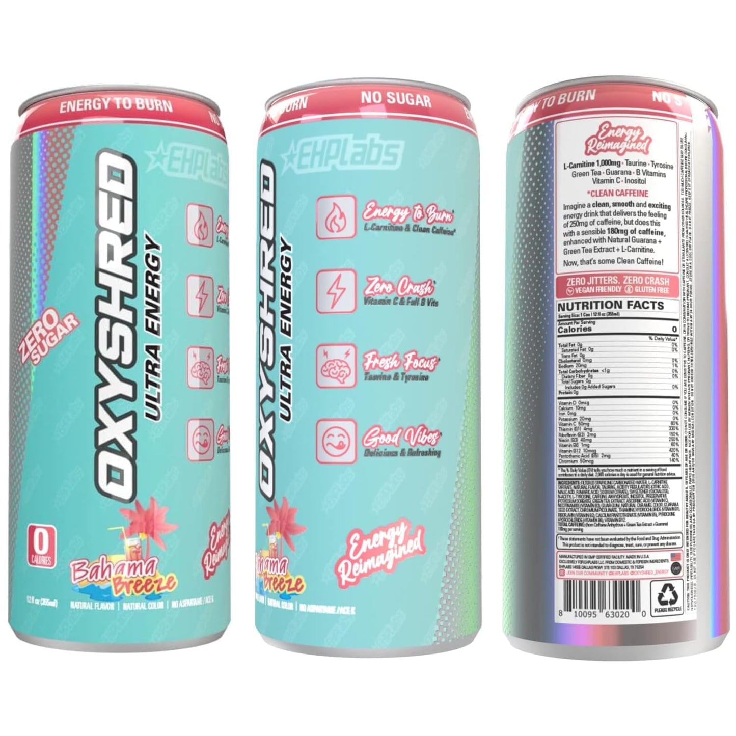 EHPlabs OxyShred Ultra Energy Drink - Carbonated, Zero Sugar, Natural Caffeine, Bahama Breeze, 12-Pack
