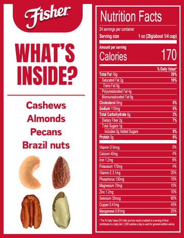 Fisher Snack Deluxe Mixed Nuts, 24 Ounces, Cashews, Almonds, Pecans, Brazil Nuts, 100% Recyclable