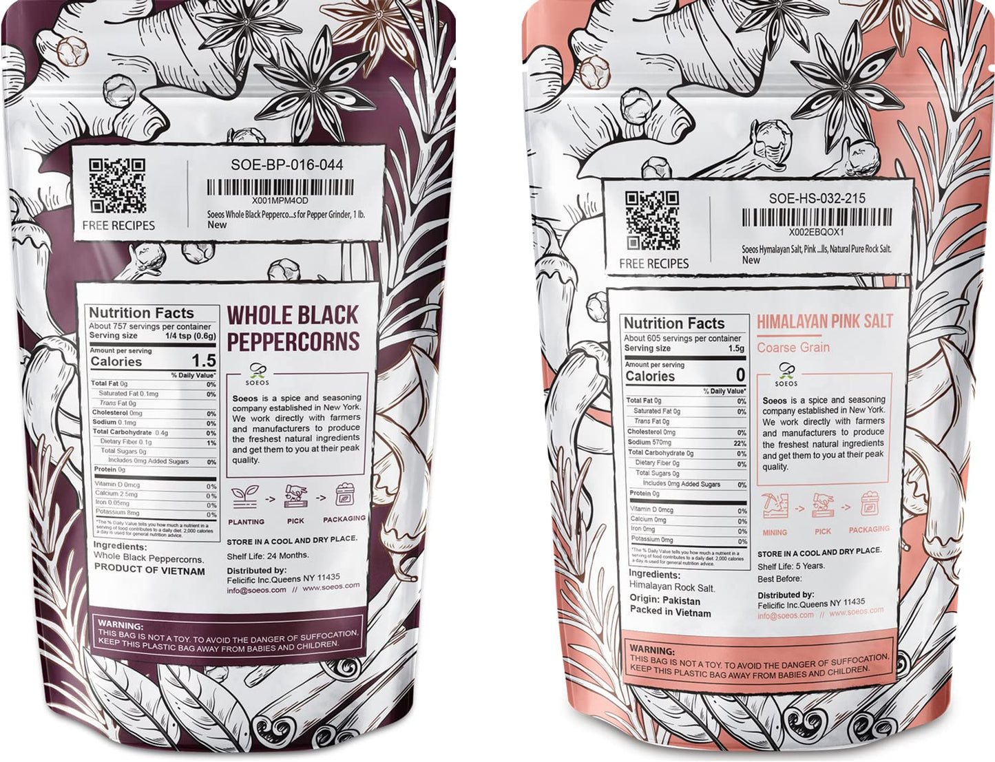 Soeos Whole Black Peppercorns 16Oz + Himalayan Pink Salt 2Lb, Salt And Pepper For Grinders, Black Peppercorn Refil, Pink Himalayan Sea Salt, 2 Piece Set