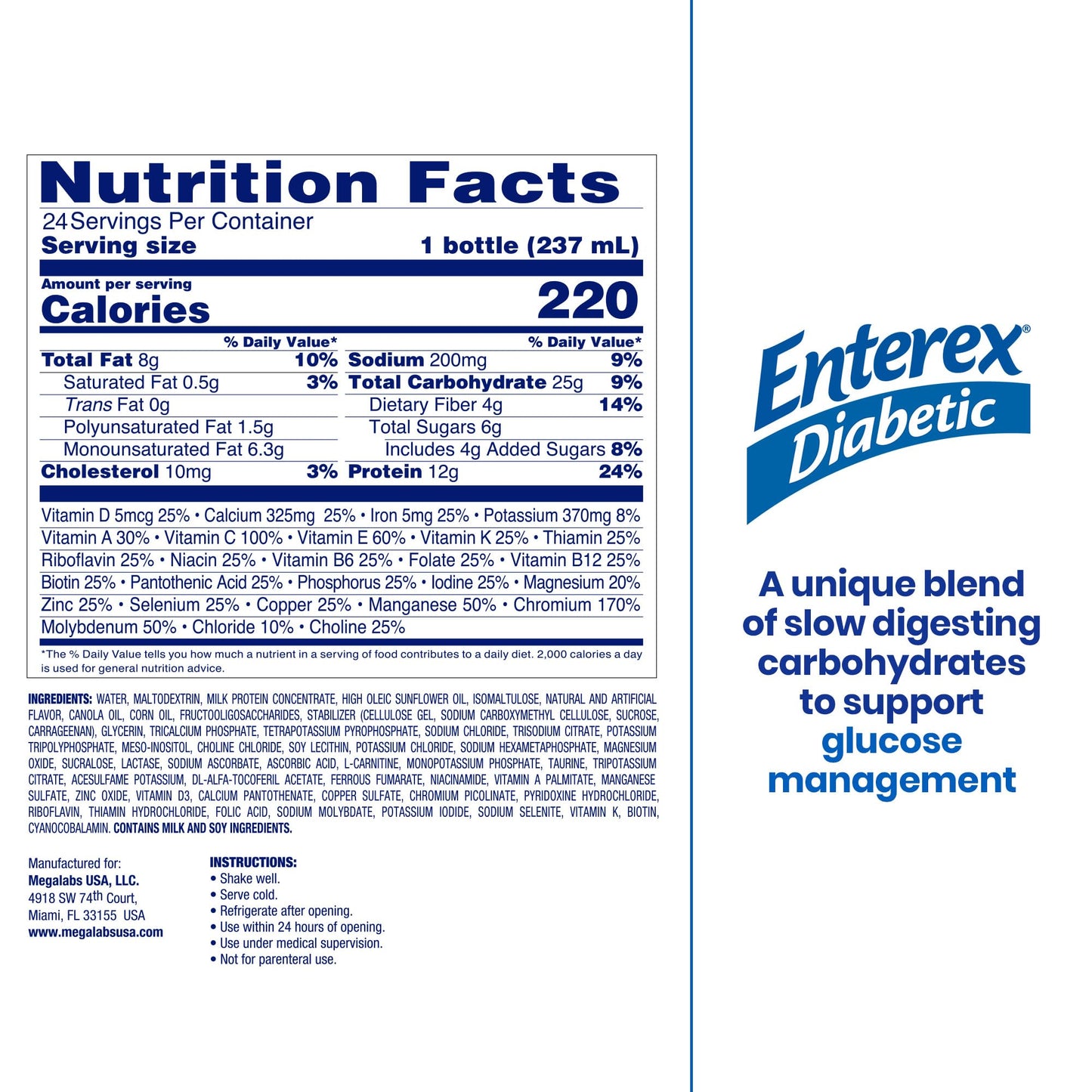 Enterex Diabetic Nutritional Shake - 12g of Protein Low Glycemic Index Vanilla 8 fl oz Bottle 24 Count