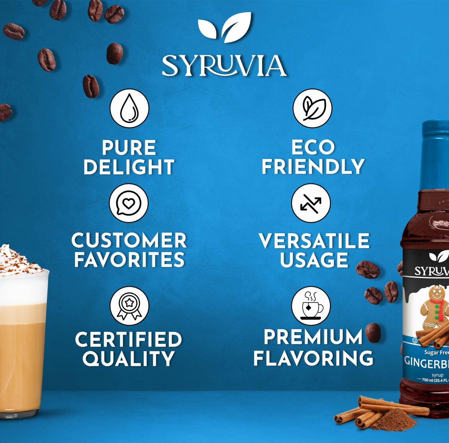 Syruvia Sugar-Free Gingerbread Coffee Syrup - 25.4 fl oz Premium Coffee Flavoring Syrup - 0 Calorie- Kosher Coffee Syrups, Glute