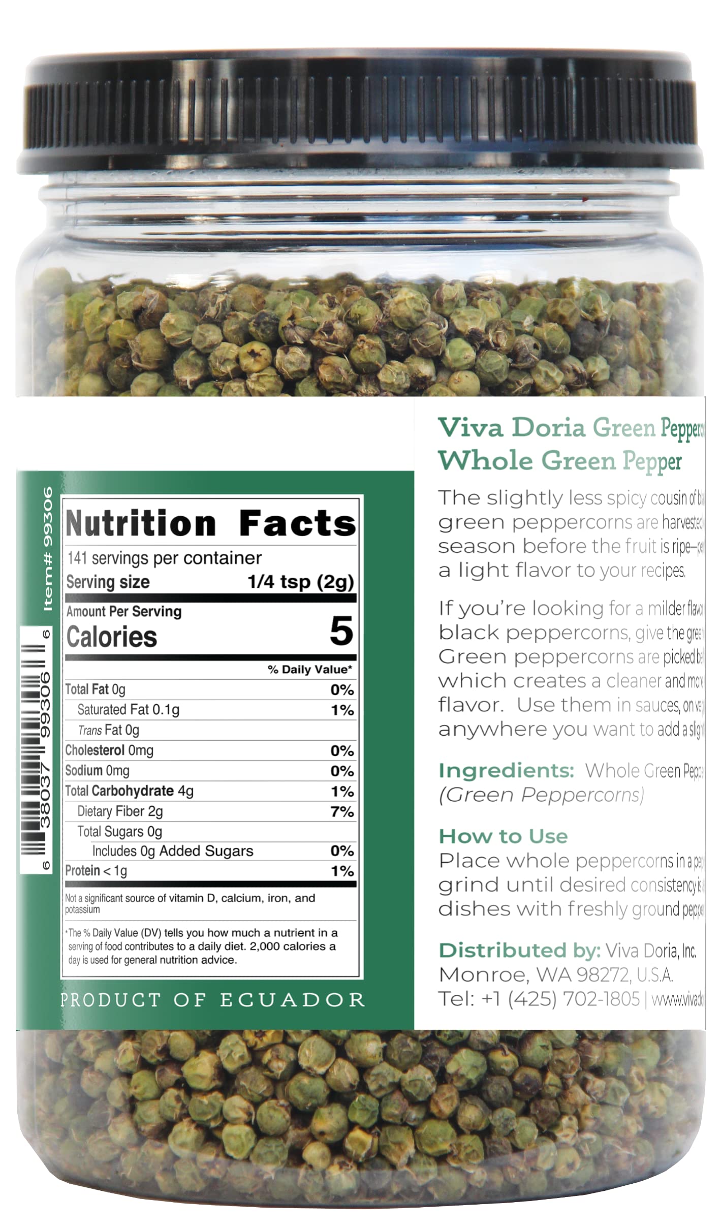 Viva Doria Green Peppercorns, Whole Green Pepper, Steam Sterilized,12 Oz (340 G), For Grinder Refills