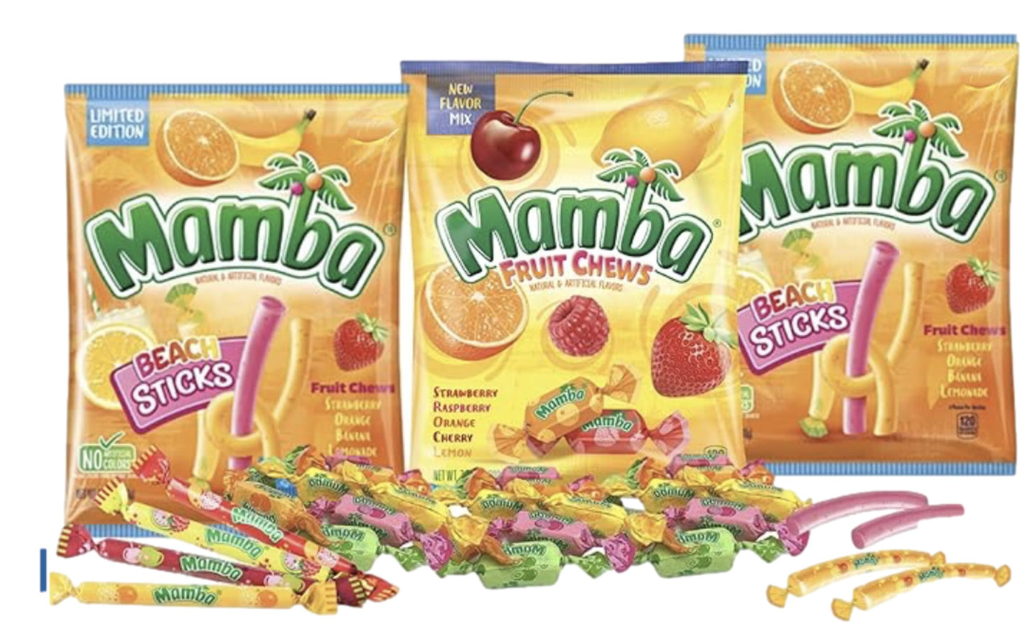 Mamba Beach Sticks Chewy Candy, Fruit Chews Variety Pack, Strawberry Banana Lemonade, 3.17 oz, Pack of 3