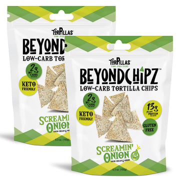 Beyondchipz Low Carb Tortilla Chips, Screamin' Onion, Keto Friendly, Gluten Free, 5.3Oz Bag, Pack Of 2
