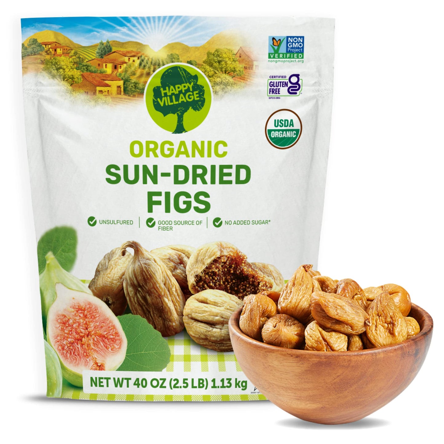 Happy Village Organic Turkish Dried Figs, No Sugar Added Dried Fruit, 40 OZ Resealable Pack - Kosher, Non-GMO, Unsweetened, Unsu