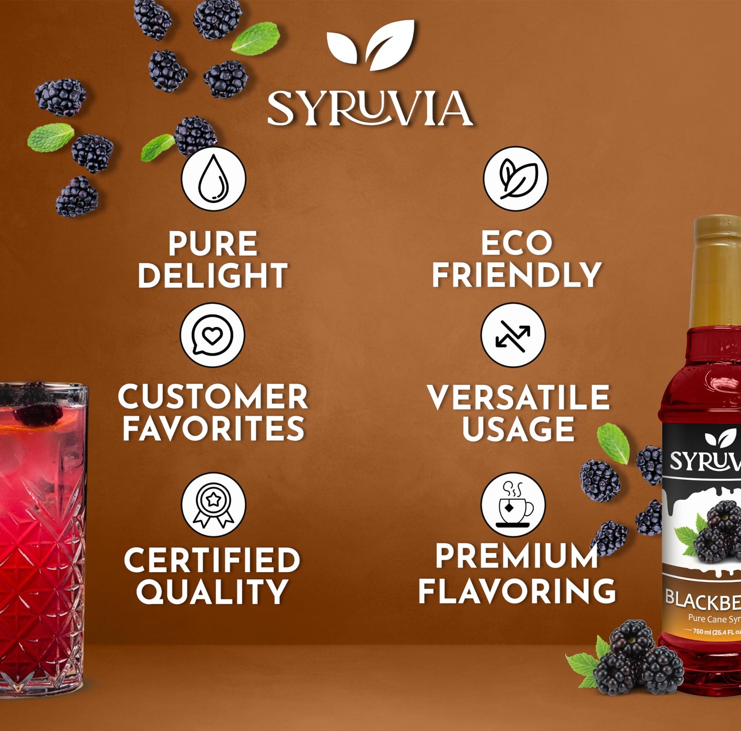 Syruvia Blackberry Syrup - Blackberry Syrup Flavor, 25.4 Fl Oz - Perfect For Cocktails, Ice Tea, Desserts, Italian Sodas, Ice An
