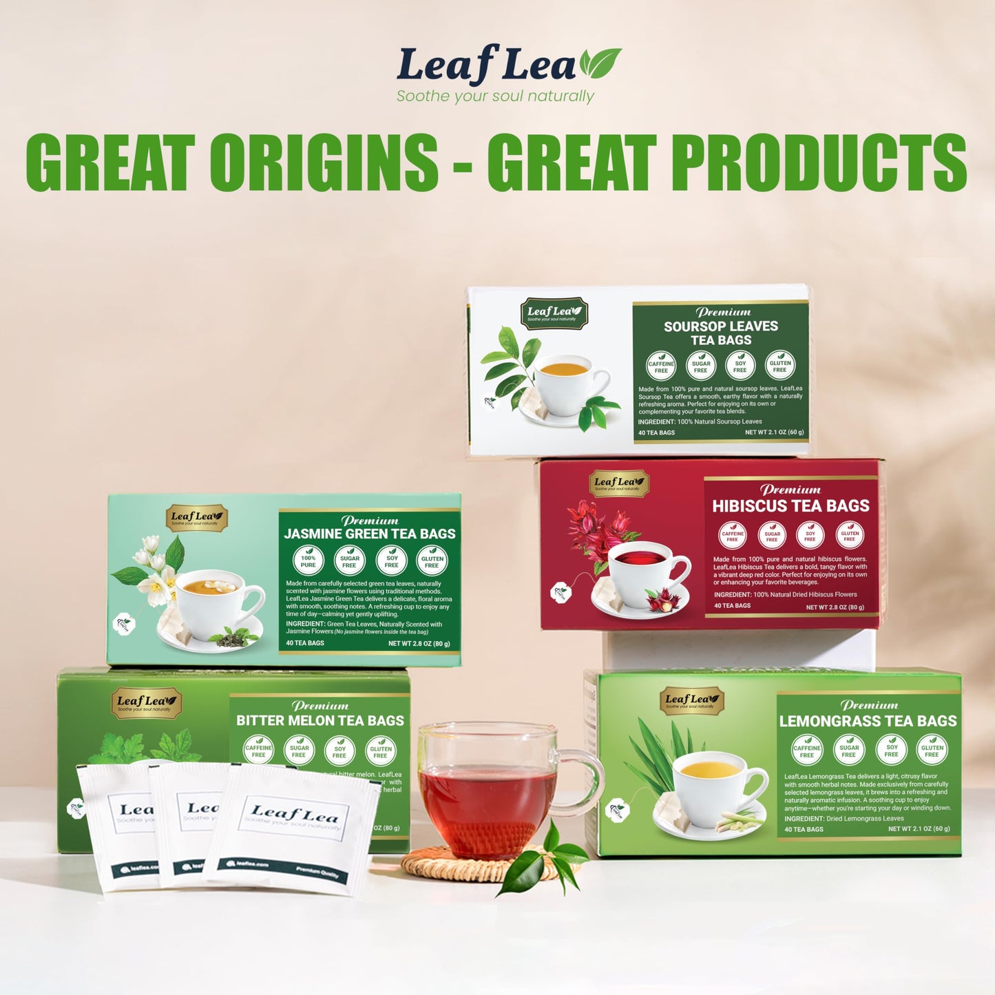 LeafLea 80 Jasmine Green Tea Bags, Green Tea with Natural Jasmine Aroma, Light Focus & Daily Balance, Delicate Floral and Smooth