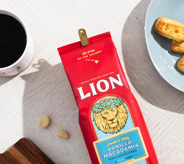 Lion Coffee Vanilla Macadamia Flavored Ground Coffee, Light Roast, Hawaiian Inspired Taste - 24 Ounce Bag