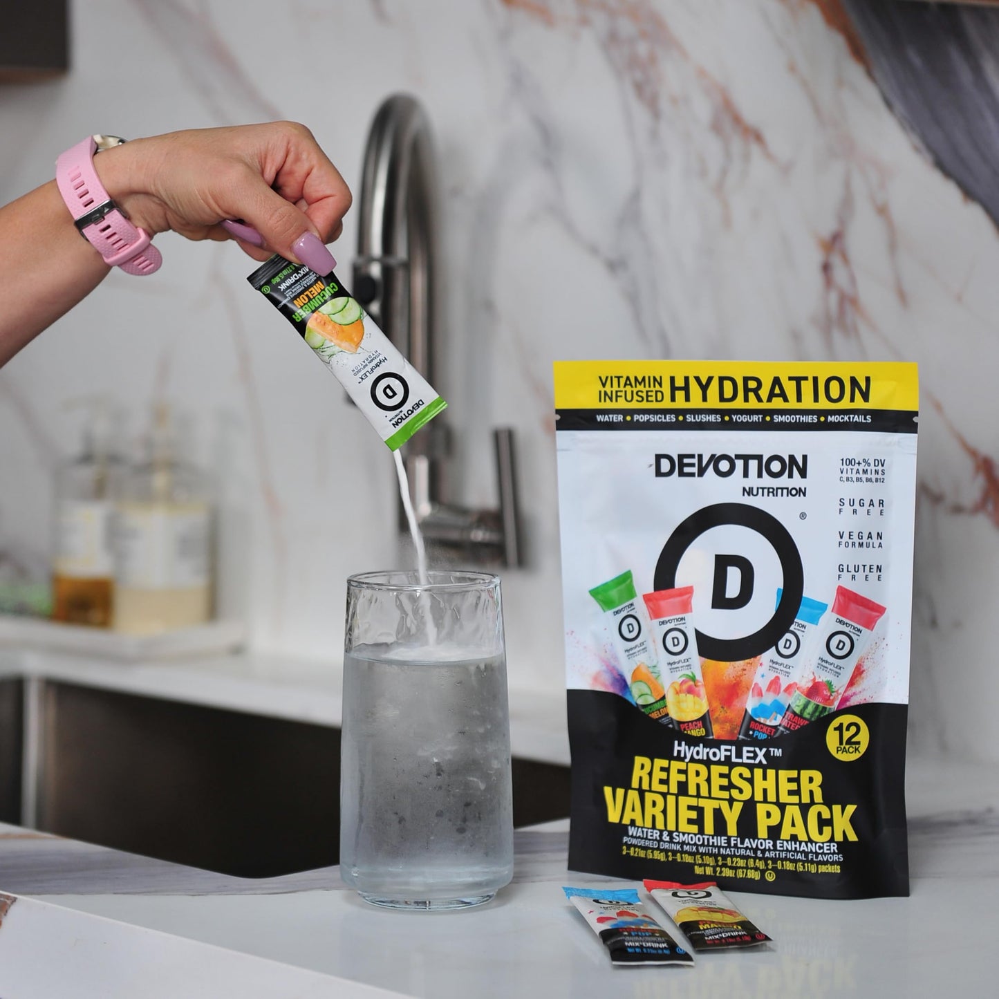 Devotion Nutrition HydroFLEX Sugar-Free Drink Mix Pack – 12-Pack, 4 Flavors, Gluten-Free, Dye-Free, 2.39 Ounce