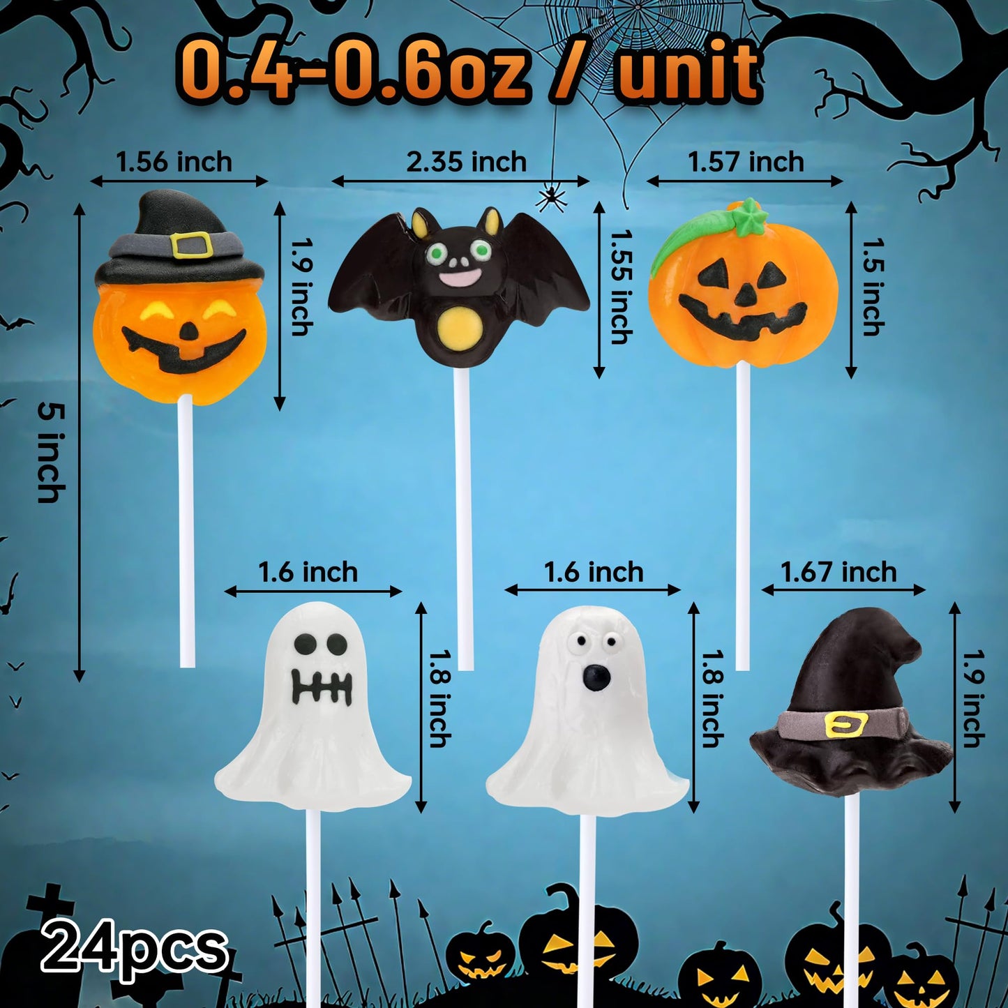 Halloween Lollipops Bulk 24 Party Packs Fruity Halloween Candy Individually Wrapped for Trick or Treating Ghost Bat Pumpkin Sucker Lollipops for Party Favors Festive Events & Goody Bag Fillers