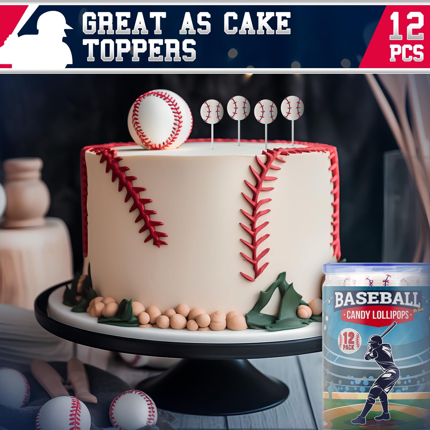 Baseball Lollipops 12Pk- Baseball Sucker Lollipops Baseball Candy As Baseball Party Favors & Baseball Goodie Bags - Baseball Sna