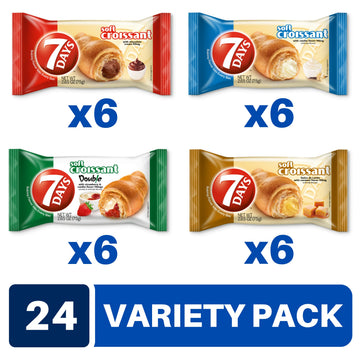 7Days Soft Croissant Variety Pack (24 Count), 6 Chocolate, 6 Vanilla, 6 Strawberry Vanilla, 6 Caramel, Breakfast Pastry, Individ