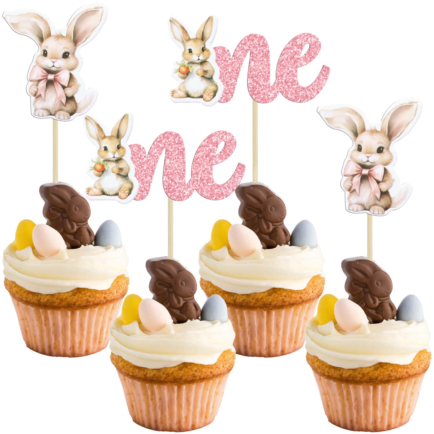 Gyufise 24Pcs Easter Bunny One Cupcake Toppers Glitter Rabbit One Cupcake Picks 1St Cupcake Toppers For Easter Theme Spring Birthday Baby Shower Party Supplies Pink