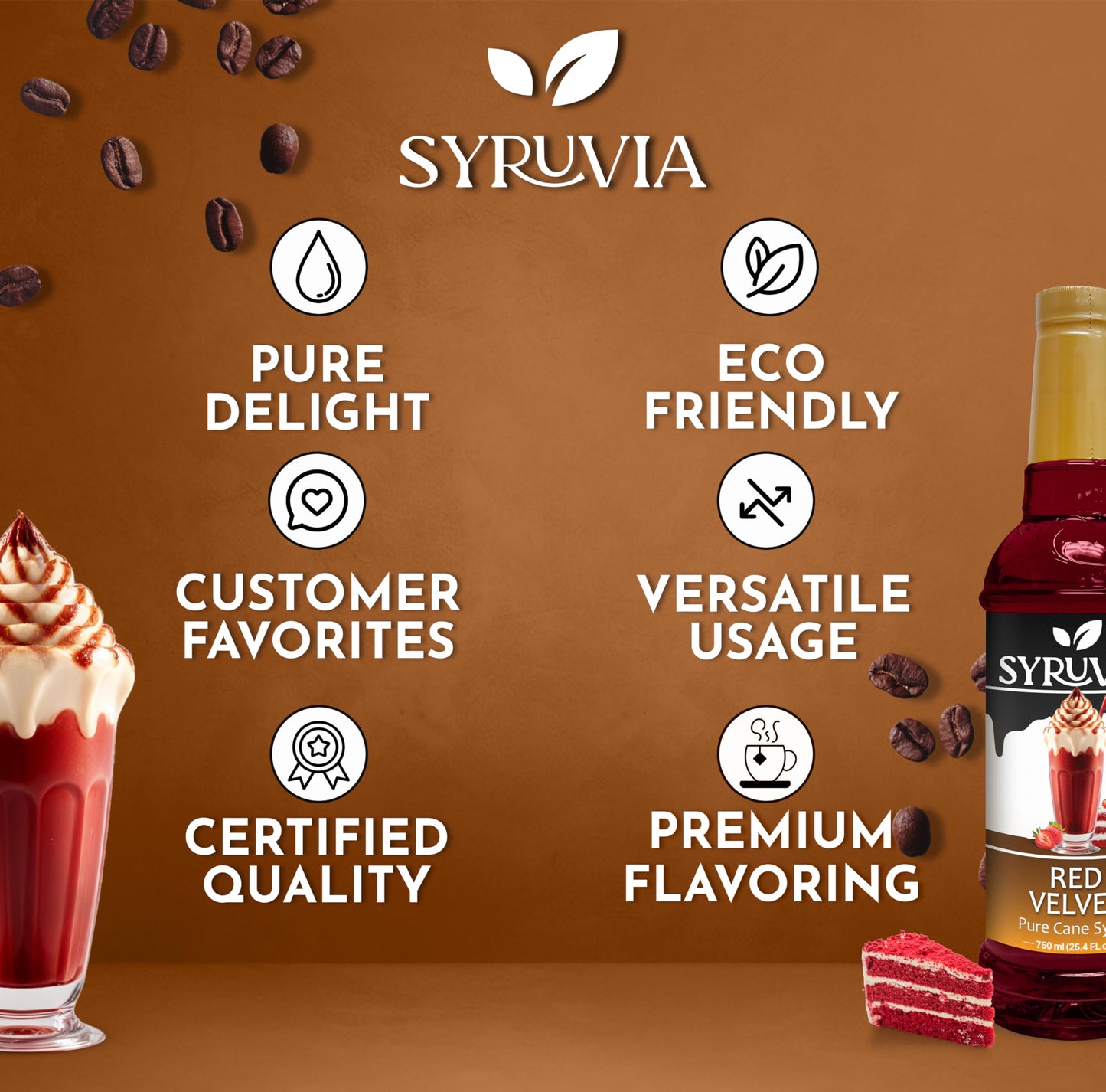 Syruvia Red Velvet Coffee Syrup - 25.4 Fl Oz Premium Coffee Flavoring Syrup - Kosher Coffee Syrups, Gluten Free, No Coloring, Pe