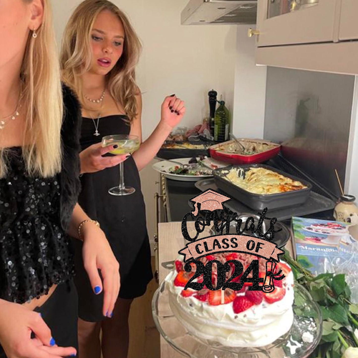 YCTHUNFISH Graduation Cake Topper, Rose Gold Glitter Diploma & Cap, Class of 2024 Decorations for High School Celebrations