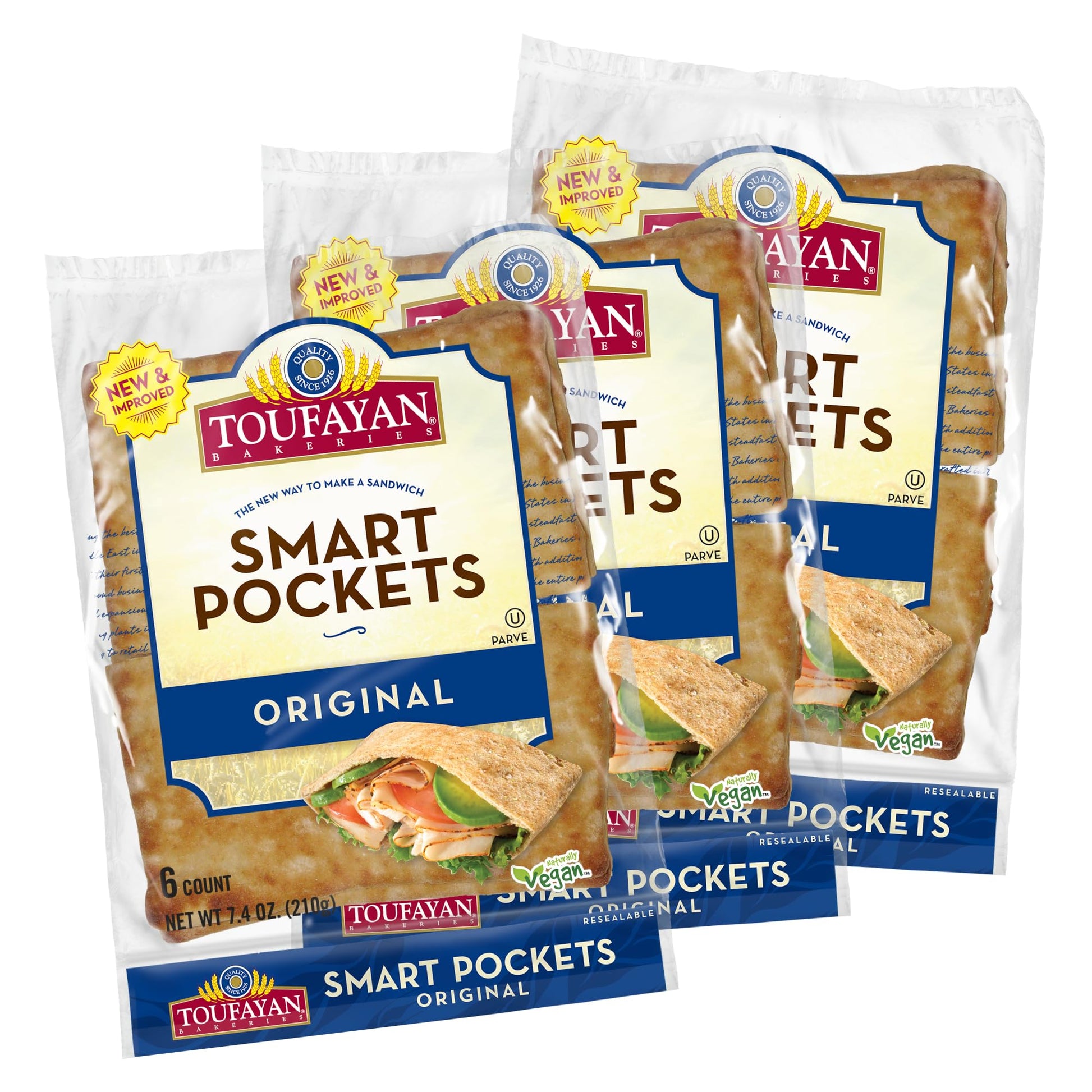 Toufayan Original Smart Pockets Pita Bread | Low Sodium, Low Calorie, Vegan, Kosher (Pack Of 3)
