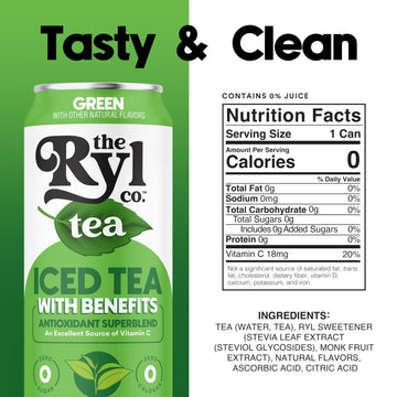 Ryl Iced Tea, Green, Antioxidant Superblend, Zero Sugar, Low Carb, Zero Calorie Iced Tea, 16.0 Fl Oz (12-Pack)