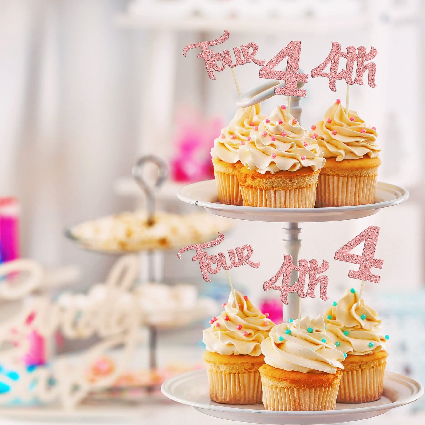 24Pcs Four Cupcake Toppers Glitter 4th Birthday Cupcake Picks for Baby Shower Fourth Birthday Party Cake Decorations Supplies Ro