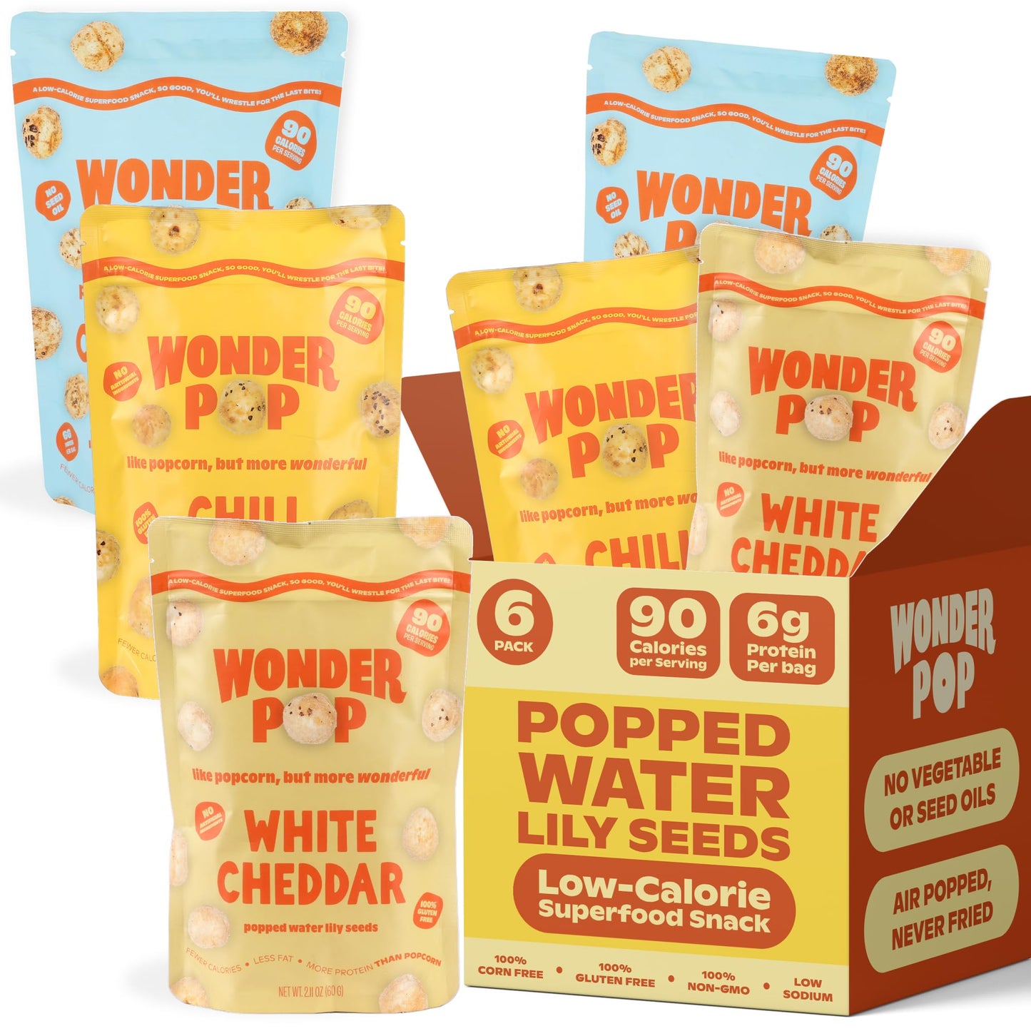 WonderPop Variety Pack - Popped Water Lily Seeds (6-Pack) | Gluten-Free, Non-GMO, 6g Protein, 90 Calorie | Healthy Low-Calorie S
