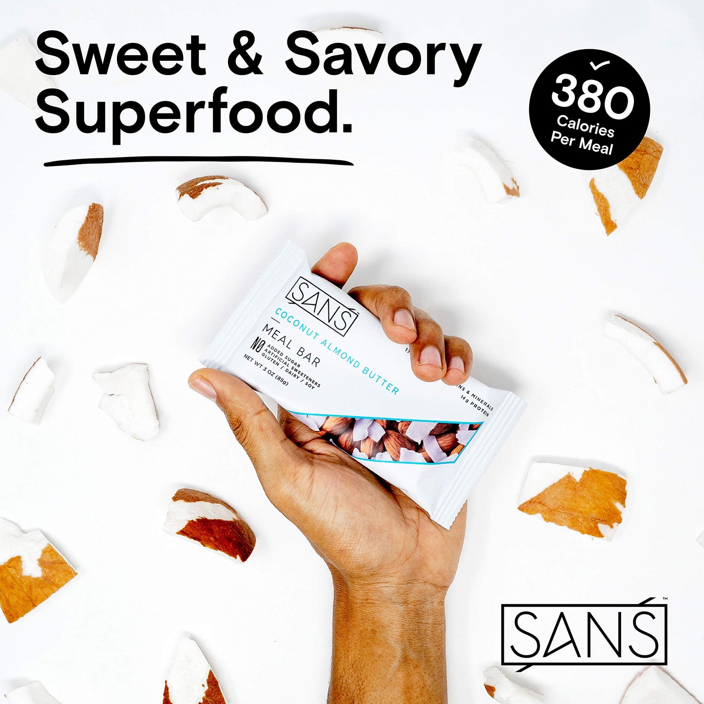 Sans Meal Replacement Protein Bar, Gluten Free, Healthy High Protein Snacks, High Fiber, No Sugar Added, Dairy Free, Soy Free, Coconut Almond Butter, 12 Bars