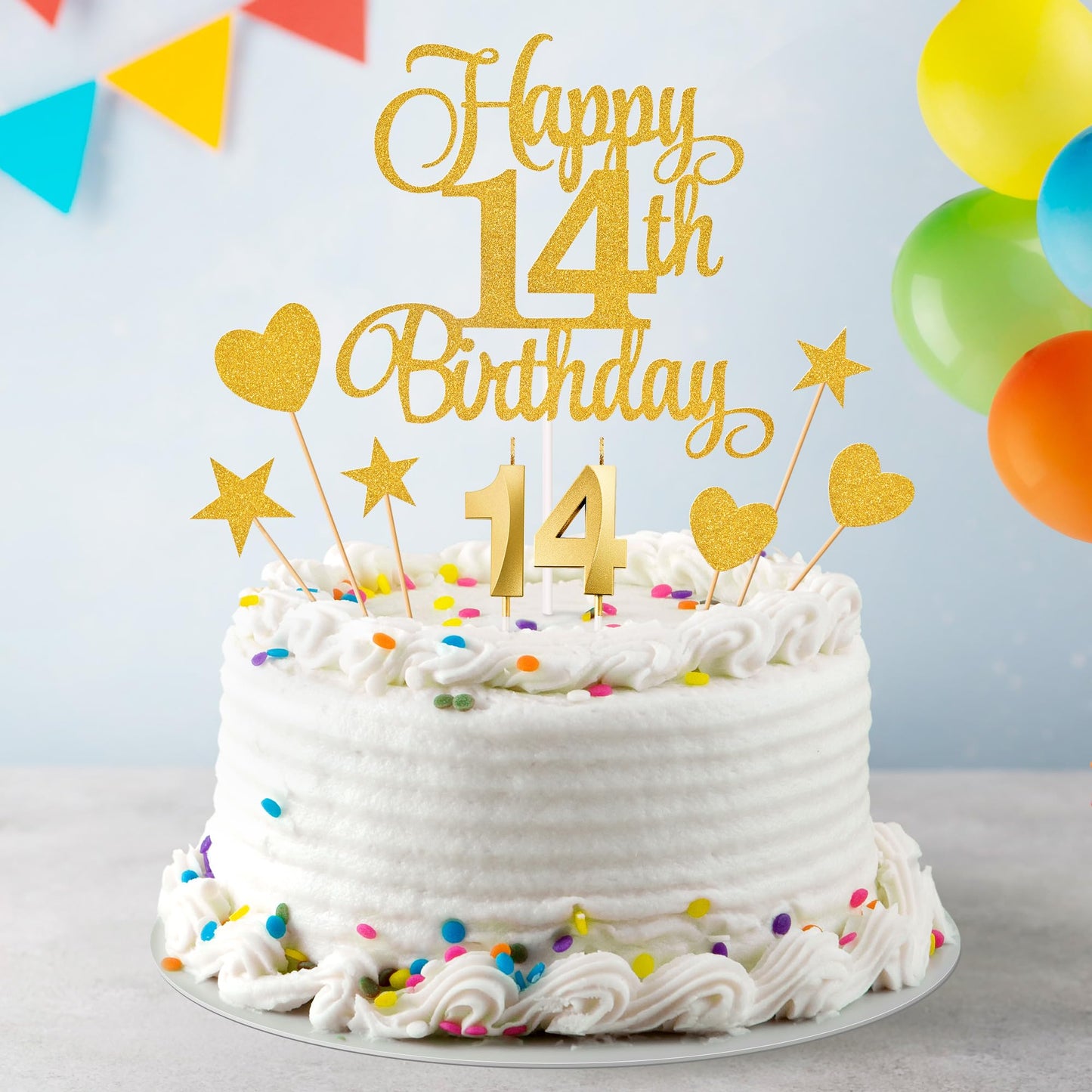 Lecferrarc 14th Birthday Cake Decorations Set, Gold Glitter Toppers & Candles, 7 inches, Paper