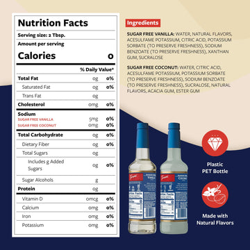 Torani Sugar Free Coconut Syrup And Sugar Free Vanilla Syrup Variety 2-Pack, Coffee Syrups For Drinks, Pumps Included, 25.4 Fl O