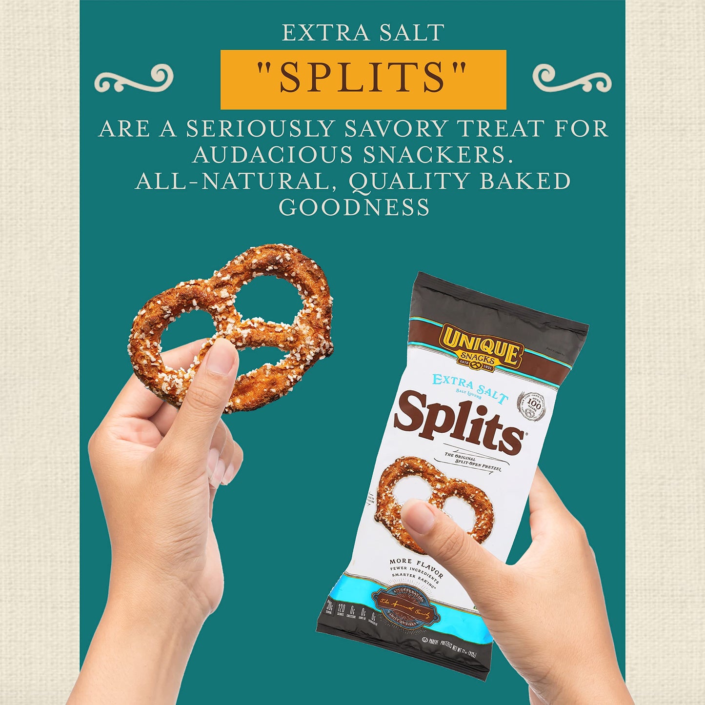 Unique Snacks Extra Salt Split-Open Pretzels, 11 Oz. Bag, Pack of 6, OU Kosher, Non-GMO, Delicious Homestyle Baked Snack