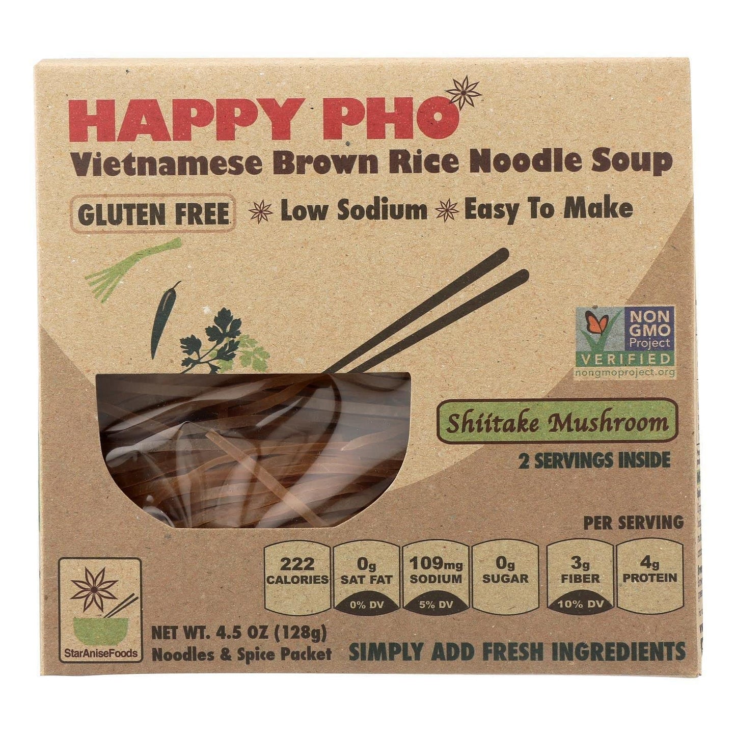 Vegan Gluten Free Happy Pho Meal Kit Shiitake Mushroom - 2 Servings, 4.5 Oz. Per Box, Case of 6 Boxes, Meal Kits, Pho Noodles Vi