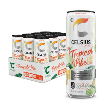 cELSIUS Sparkling Tropical Vibe Functional Essential Energy Drink 12 Fl Oz (Pack of 12)