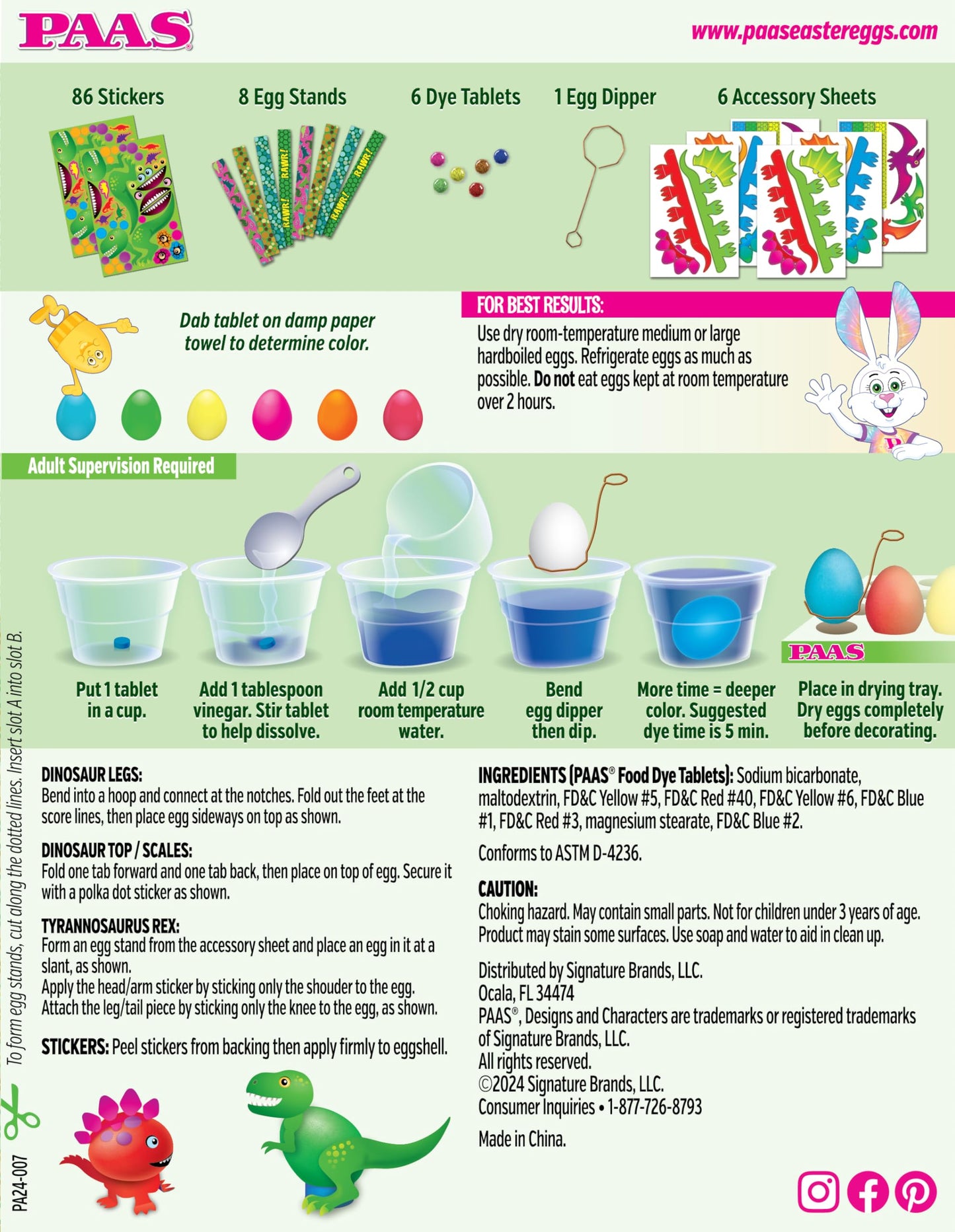 PAAS Dino Egg Decorating Kit with 86 Stickers, 8 Stands, 6 Dye compact pieces, 1 Egg Dipper, Model PA20-195