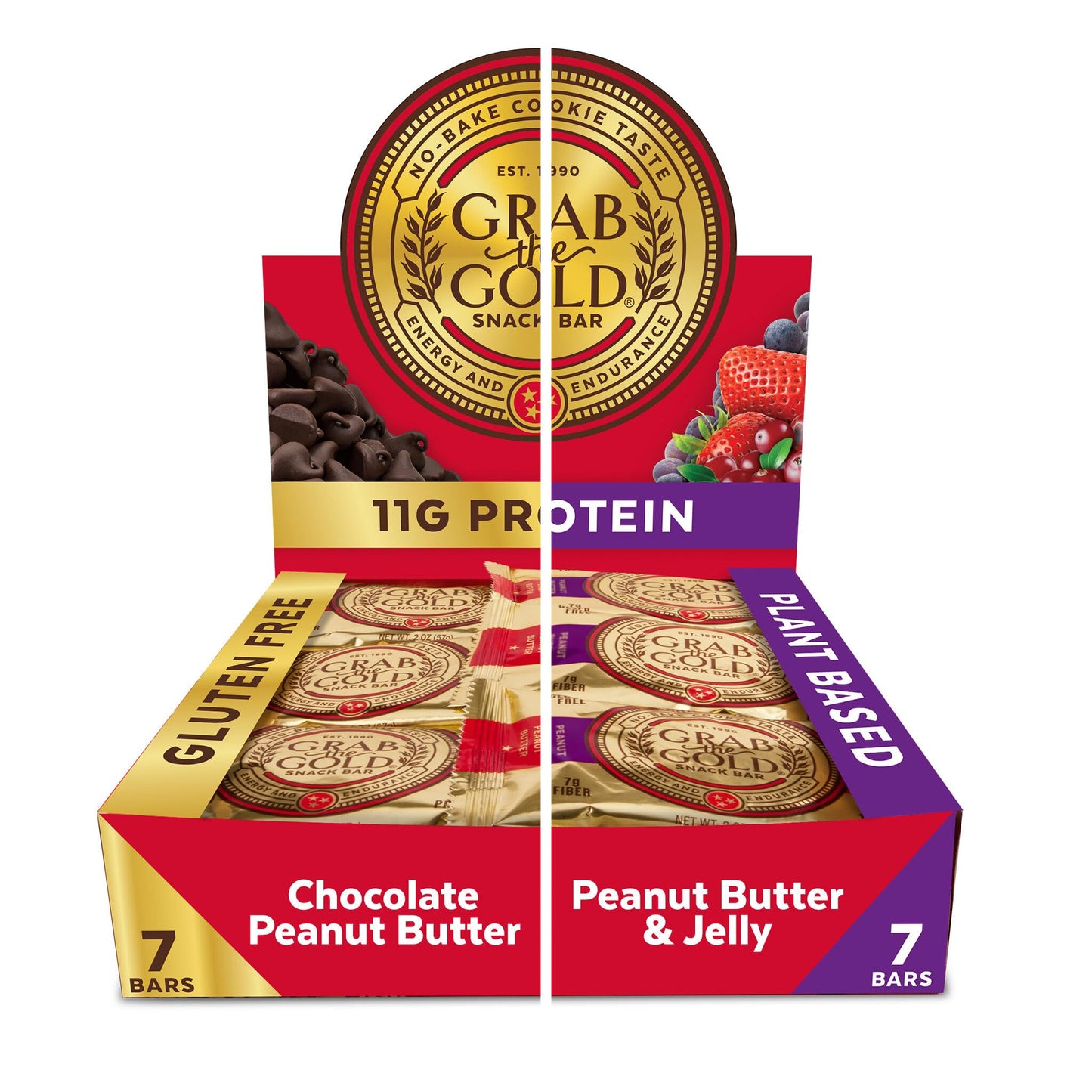Grab The Gold Protein Snack Bar Variety Pack | Plant-Based Protein Gluten-Free Vegan Dairy-Free Kosher | 14 Count Variety Pack 7 Chocolate Peanut Butter & 7 Peanut Butter & Jelly