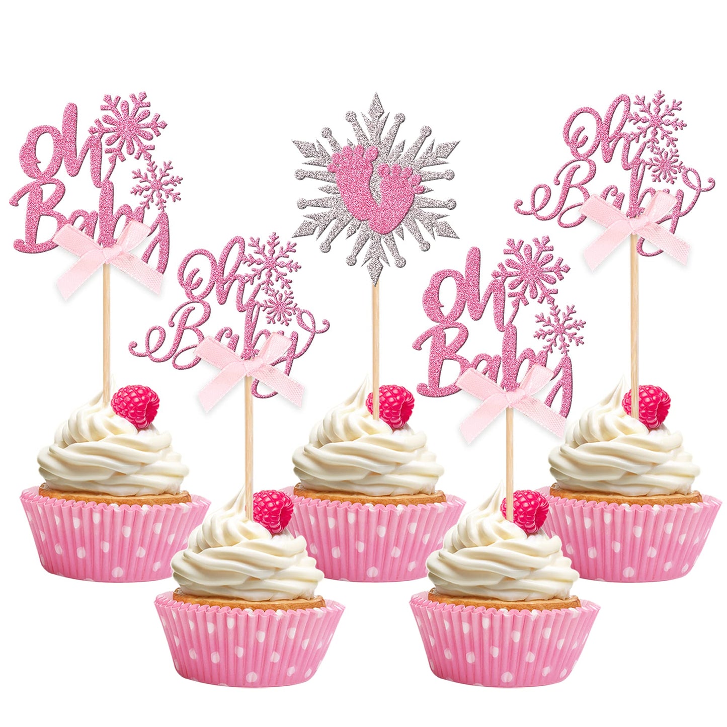 24 Pcs Snowflake Oh Baby Cupcake Toppers With Bow Glitter Winter Frozen Baby Feet Snowflake Cupcake Picks For Winter Wonderland Theme Baby Shower Birthday Party Cake Decorations Supplies Pink