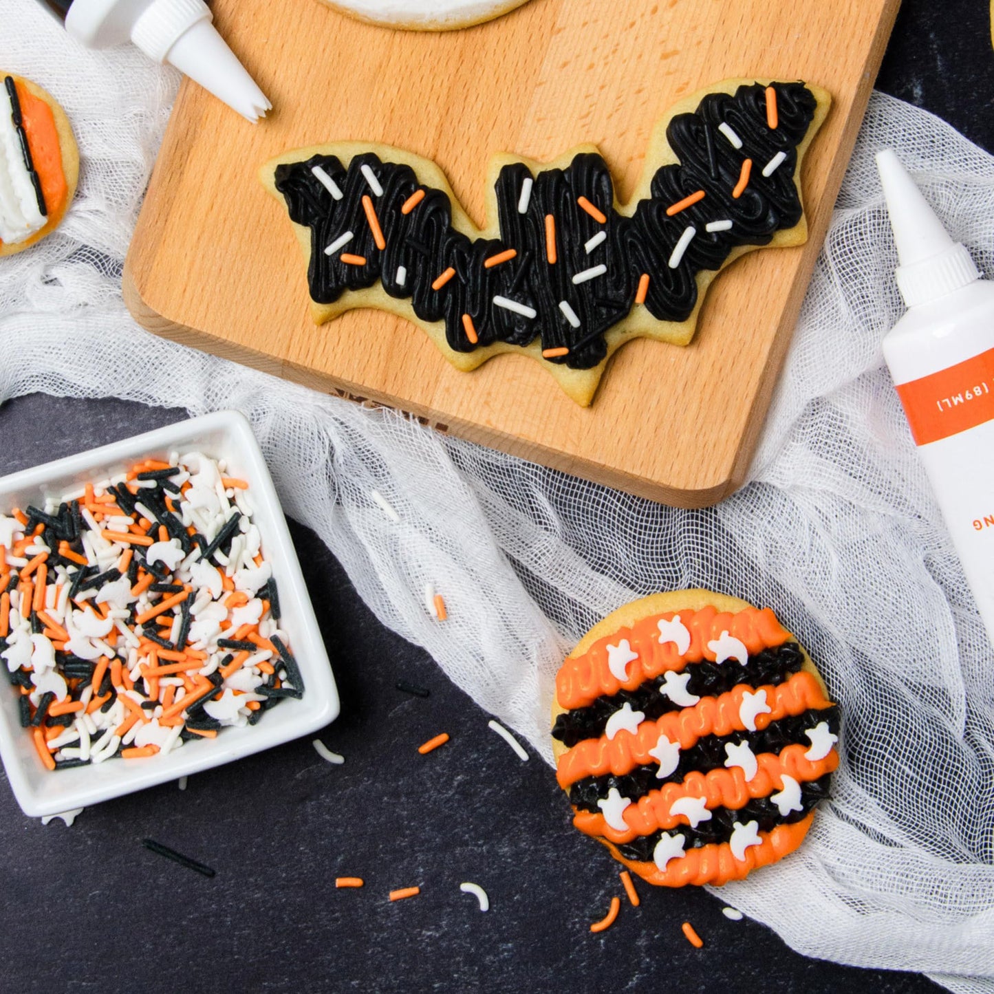Halloween Frosting Kit with Sprinkles & Eyeballs - 11.31 oz Decorating Set with 3 Frosting Tubes (Orange, Black, White), 4 Nozzl