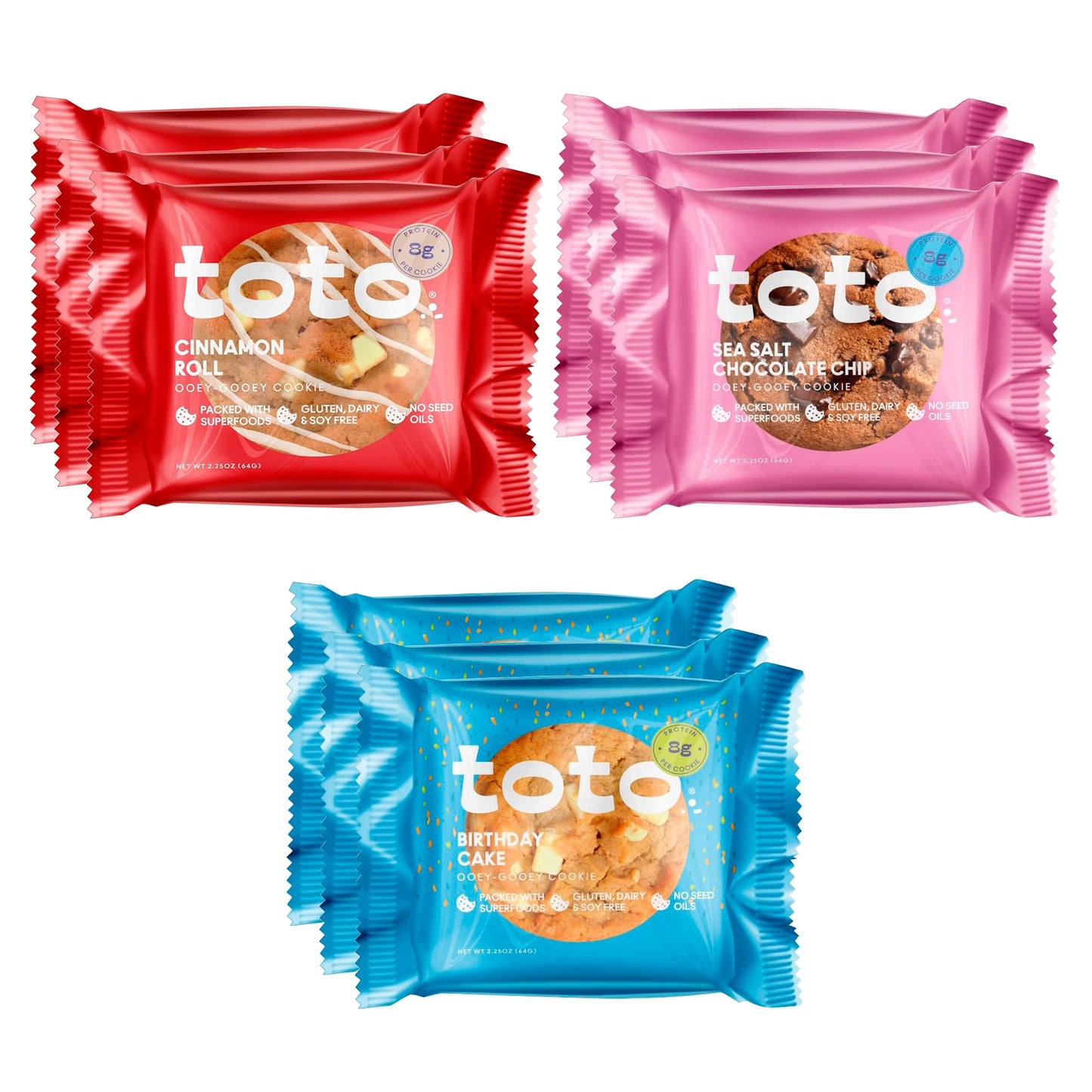 Kgf - Variety Pack Toto Gluten-Free Gooey Cookie 3 Cinnamon Roll 3 Sea Salt Chocolate Chip 3 Birthday Cake Pack Of 9