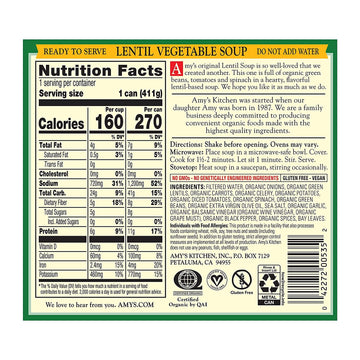 Amy’S Soup, Vegan Lentil Vegetable Soup, Gluten Free, Made With Organic Vegetables, Canned Soup, 14.5 Oz (12 Pack)