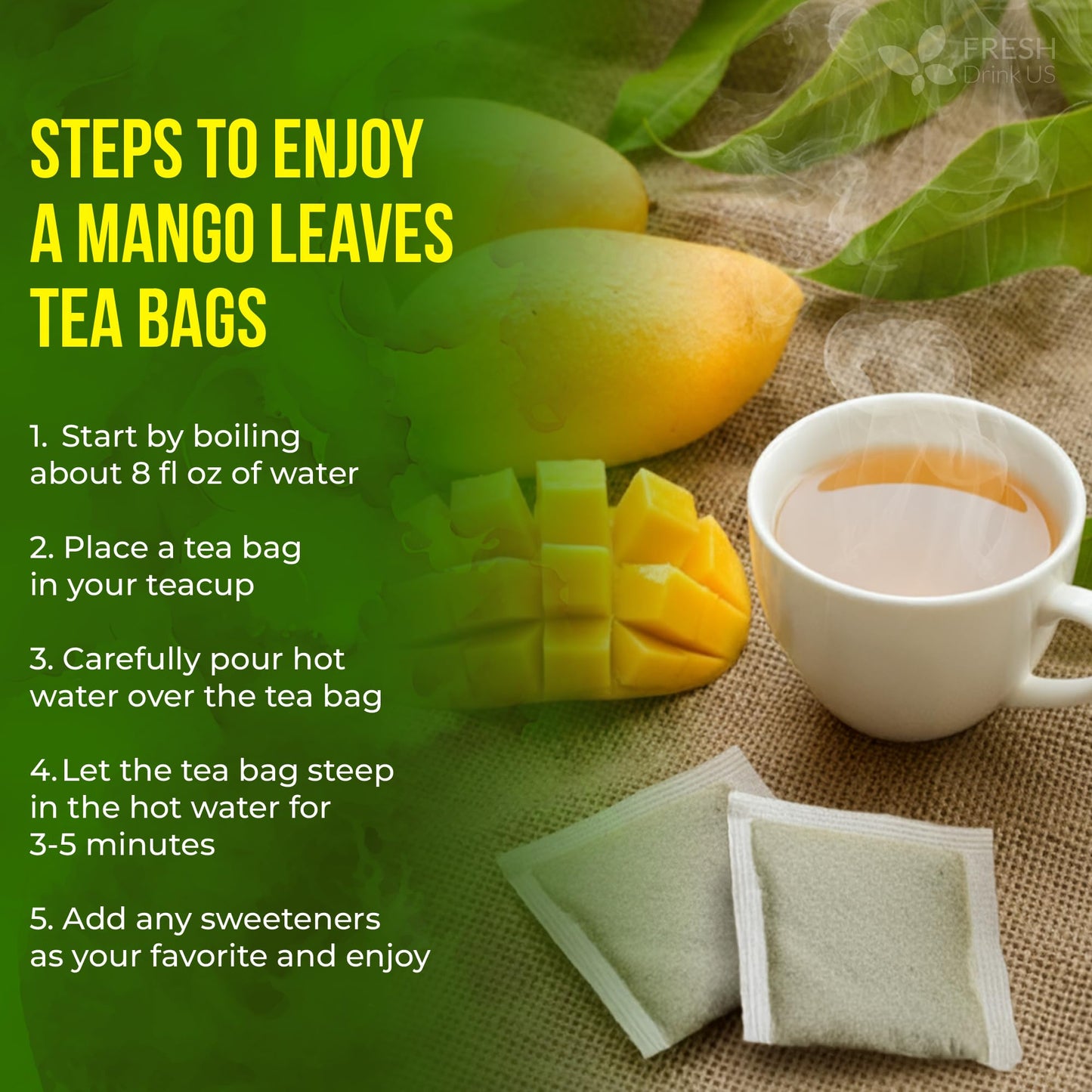 Freshdrinkus, Enhanced 100 Mango Leaf Tea Bags, 100% Natural & Pure From Mango Leaves. Loose Leaf Herbal Tea. No Sugar, No Caffeine, No Gluten, Vegan.