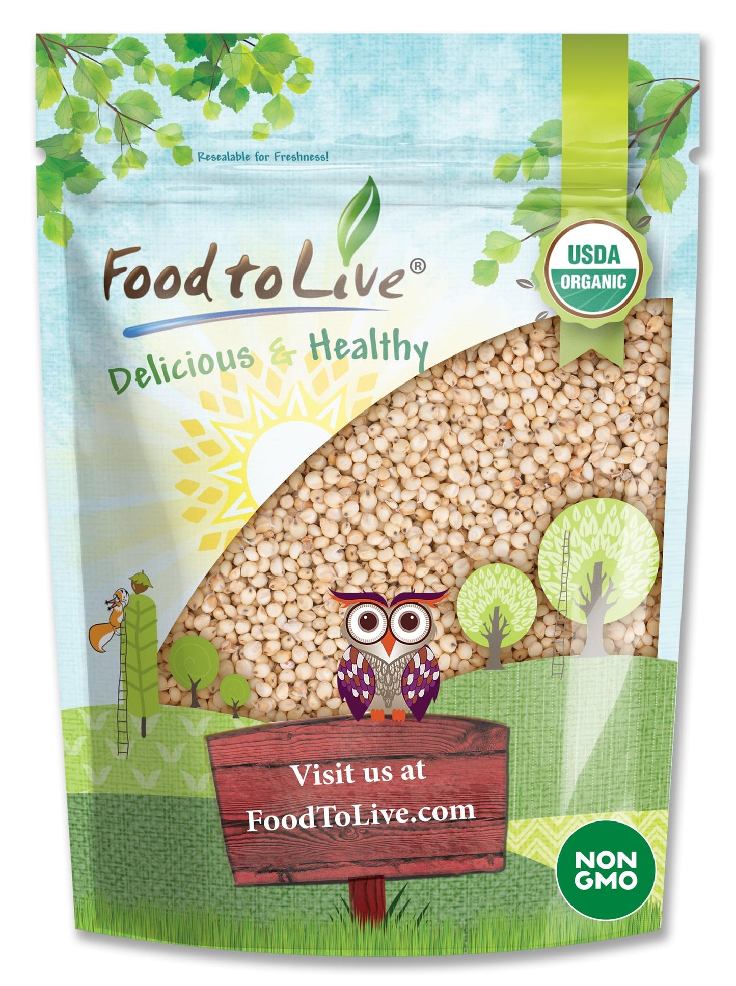 Food to Live Organic Whole Grain Sorghum, 1.5 Pounds - Non-GMO White Groats. Raw Milo Seeds. Vegan, Bulk Broom-corn. Durra is Gr