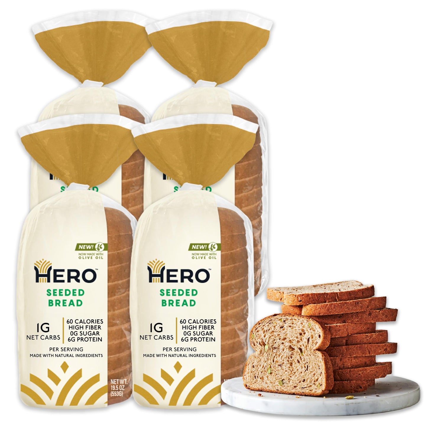 Hero Seeded Bread — Delicious Bread With 1G Net Carb, 0G Sugar, 60 Calories, 12G Fiber Per Slice | Tastes Like Regular Bread | Low Carb & Keto Friendly Bread Loaf —15 Slices/Loaf, 4 Loaves