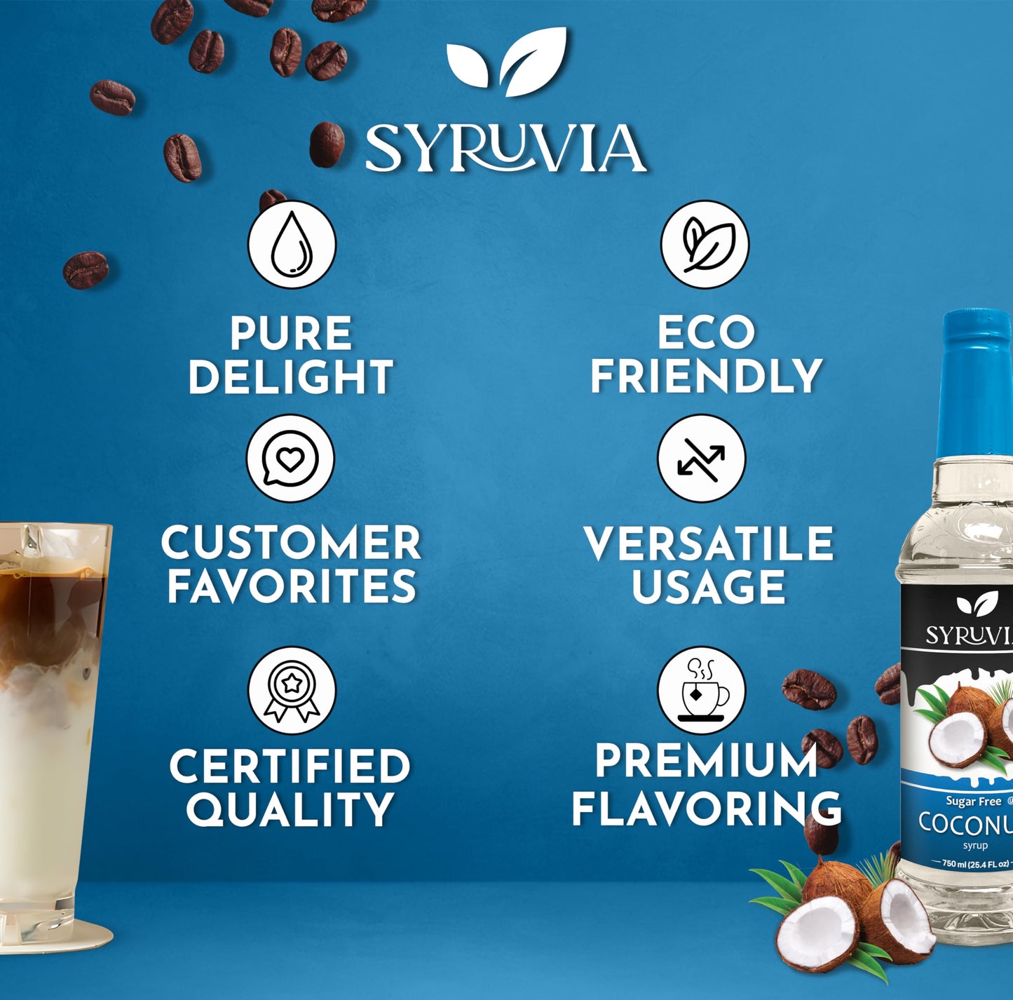 Syruvia Sugar Free Coconut Syrup With Syrup Pump Dispenser - Coconut Coffee Syrup Flavor, 25.4 Fl Oz, Kosher, Gluten Free, Perfe
