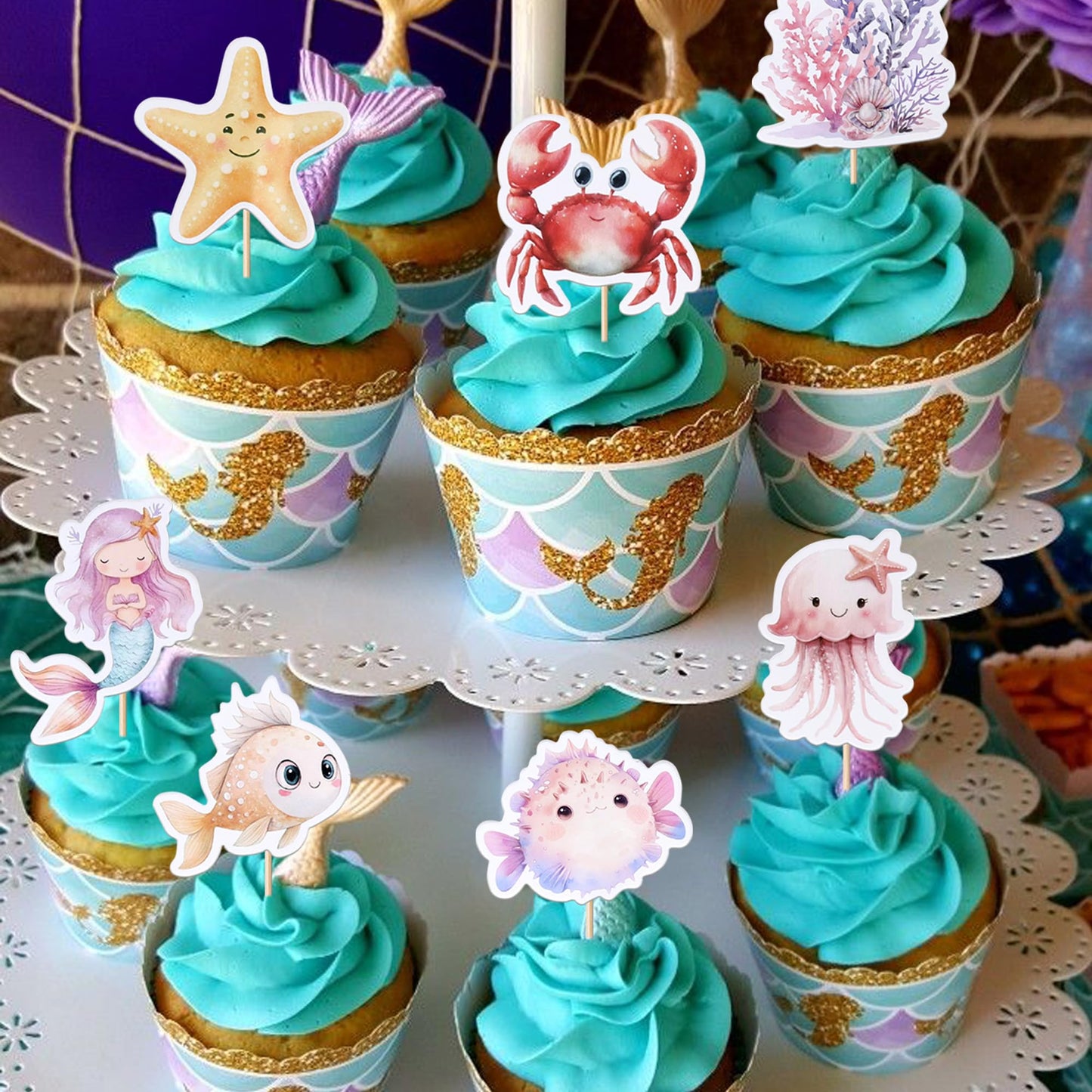 ZHUOWEISM Ocean Animal Cupcake Toppers, 40 PCS Sea Theme Decorations, Turtles, Octopus, Mermaid, Design 8
