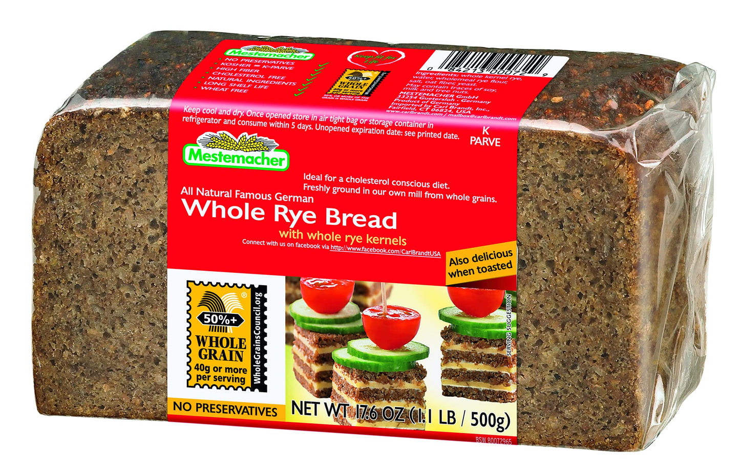 Mestemacher Whole Grain Bread (Whole Rye, 17.6 oz, pack of 2)