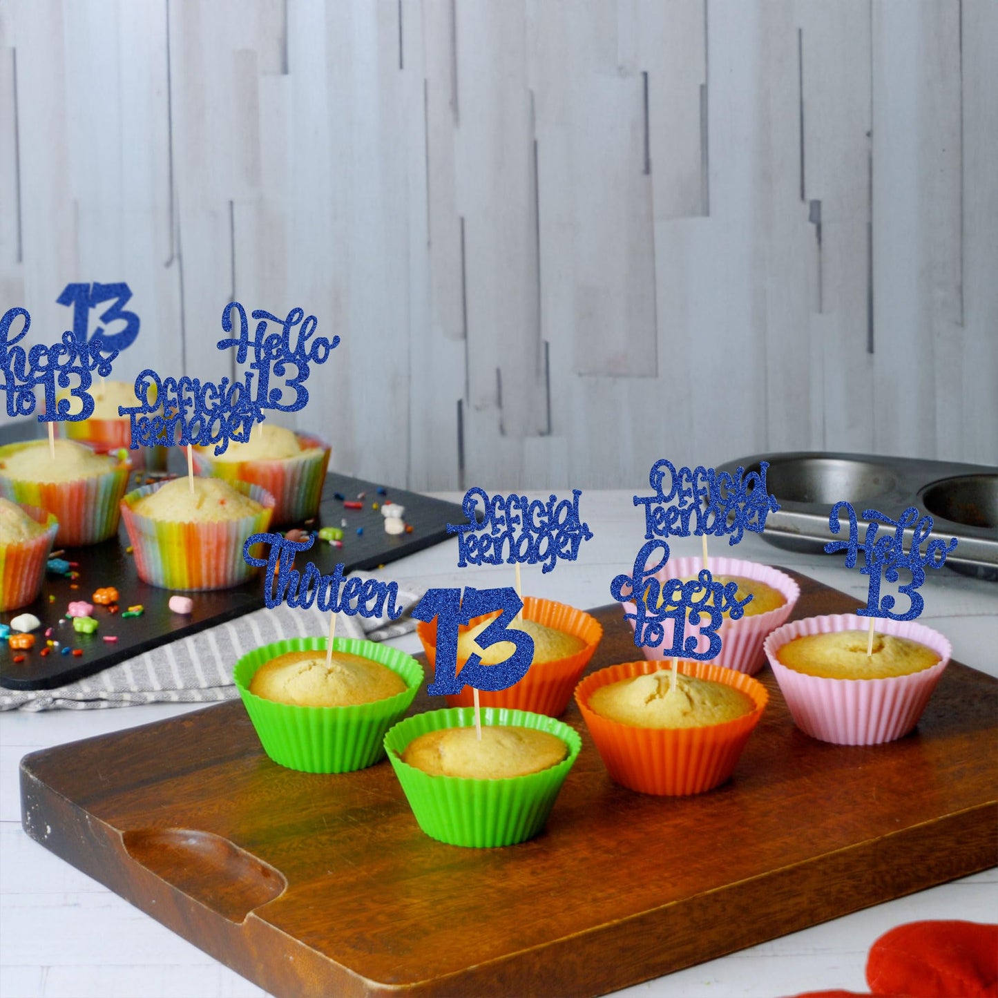 Gyufise Cupcake Toppers 30Pcs Deep Blue Glitter Paper for 13th Birthday Party Decorations