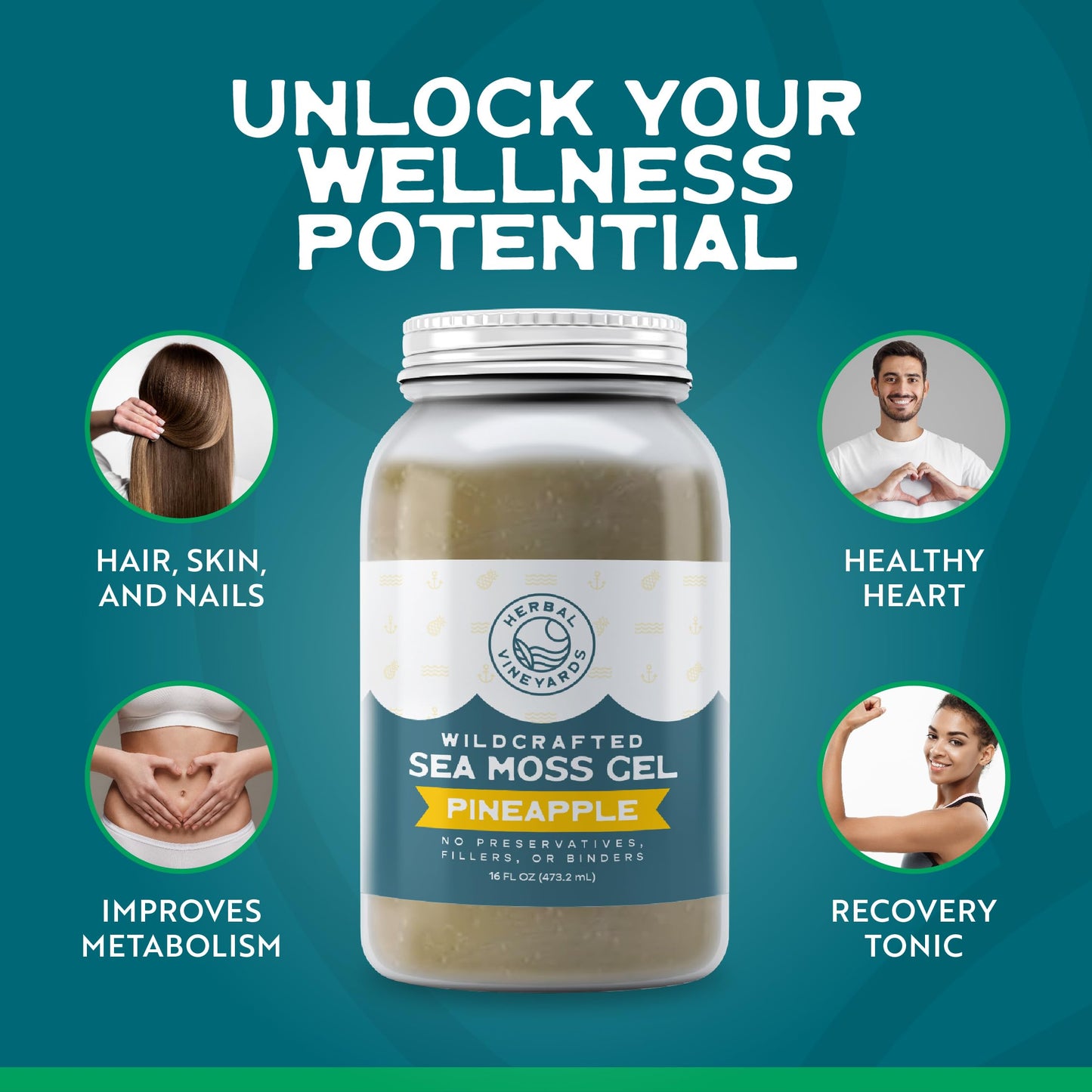 Herbal Vineyards Wildcrafted Irish Pineapple Sea Moss Gel 16 Oz - Organic Seamoss Gel Made With Dried Seaweed & Fresh Sea Vegeta