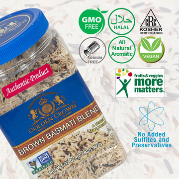 Golden Crown Brown Basmati Blend, Premium Quality Non-Gmo Project Verified, Gluten-Free, Kosher-Crc & Vegetarian Rice, Wild & Re