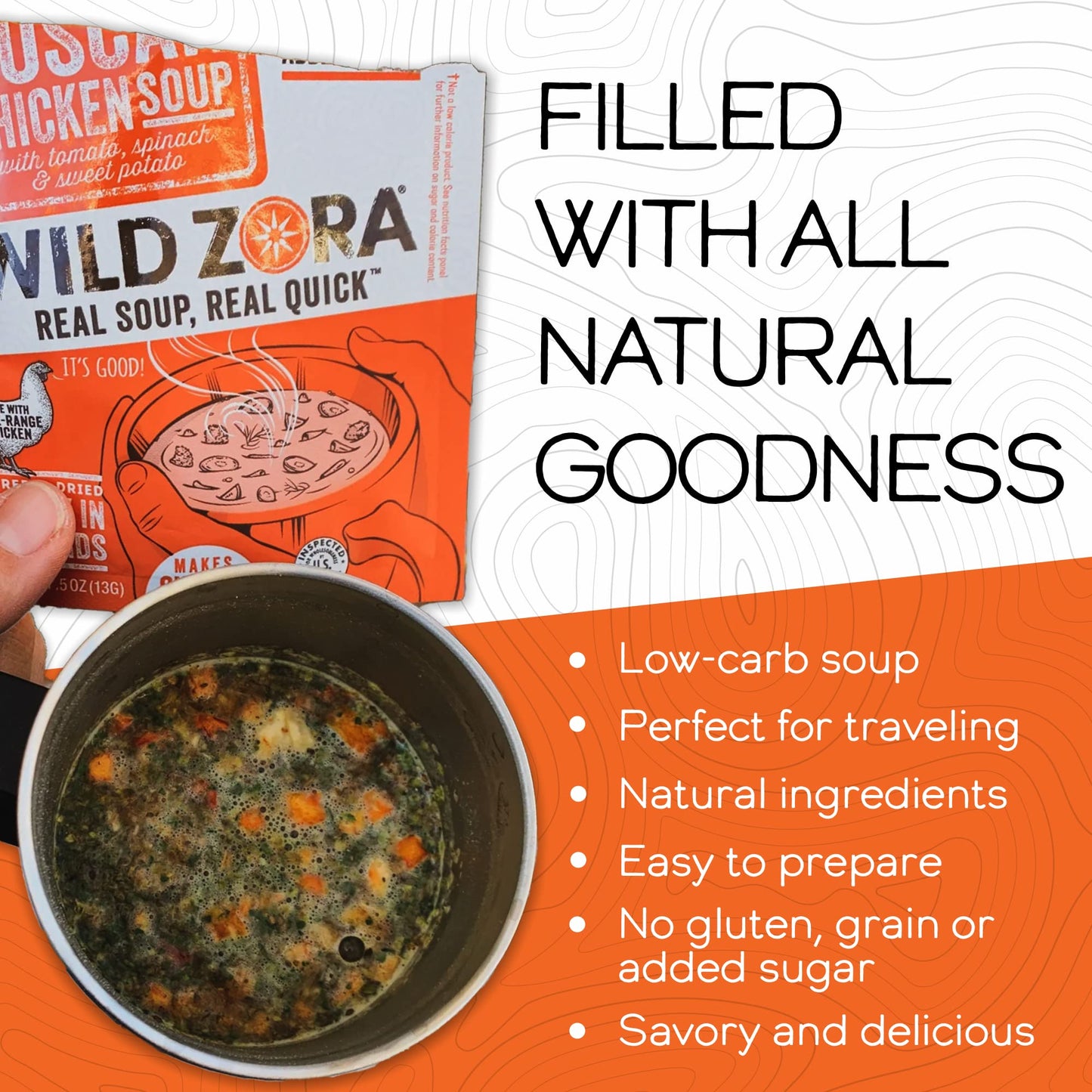 Wild Zora Instant Keto-Friendly Soups Tuscan Chicken 8-Pack Broth Made With Free-Range Chicken, And Vegetables, Gluten-Free, Low