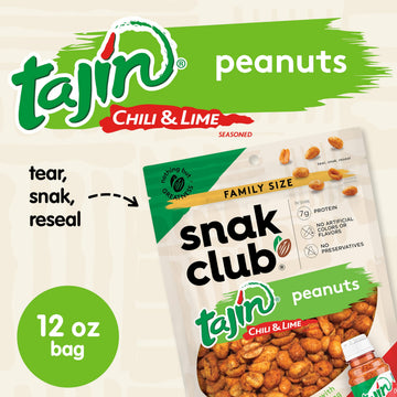 Snak Club Tajin Peanuts, Roasted Nuts with Chili and Lime Seasoning, Mild, Gluten-Free and Kosher Snacks, No Artificial Colors o