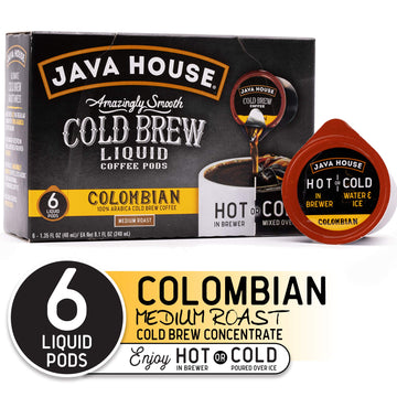Java House Cold Brew Coffee, Colombian Medium Roast Coffee Concentrate Liquid Pods - 1.35 Fluid Ounces (6 Count) Enjoy Hot Or Ic