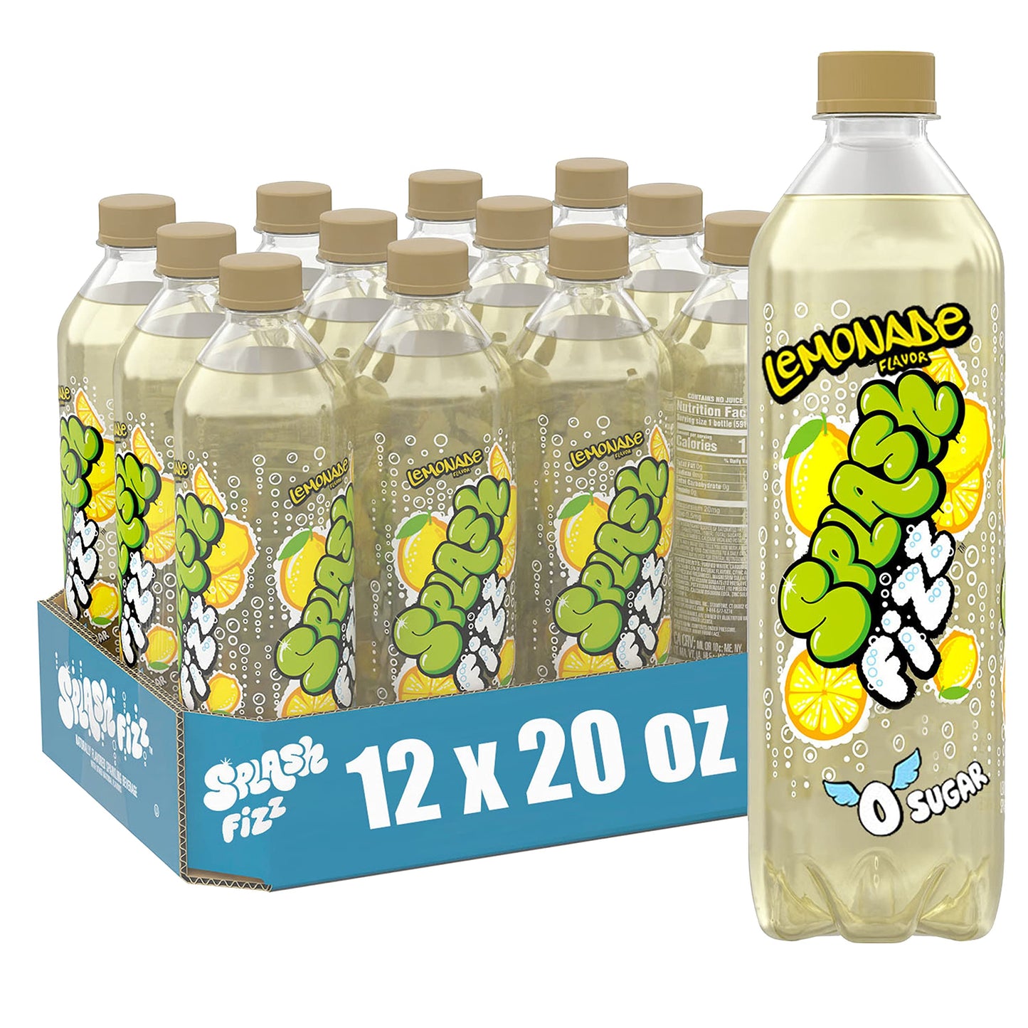 Splash Fizz, Lemonade Flavored Sparkling Water, Zero Sugar, With Electrolytes, 20 Fl Oz, 12 Pack