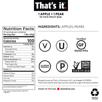 That'S It. Gluten-Free Apple + Pear Fruit Bars, 14.4 Ounce, 12 Bars, No Preservatives, No Added Sugar, Paleo, Good For Children,